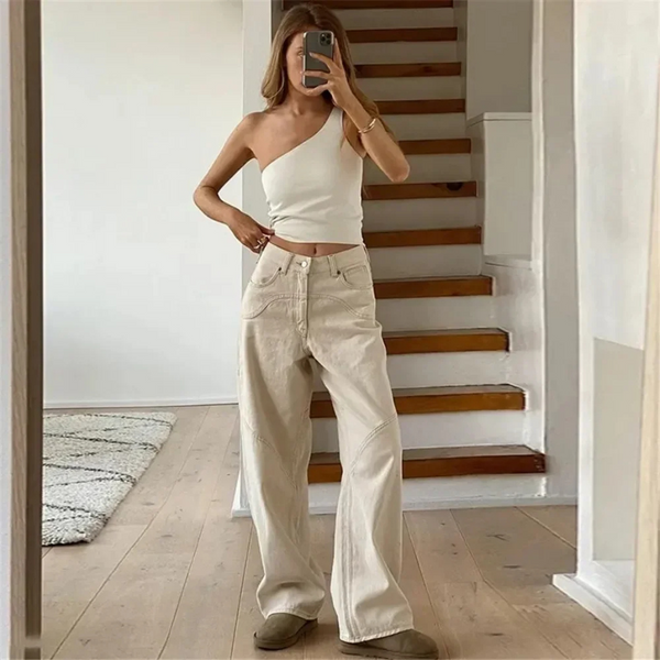 Relaxed Fit Beige Wide Leg Women's Pants - BritishElegance