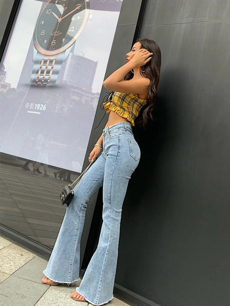 Comfy High Waisted Jeans Flared Leg Pants - VogeLuxe