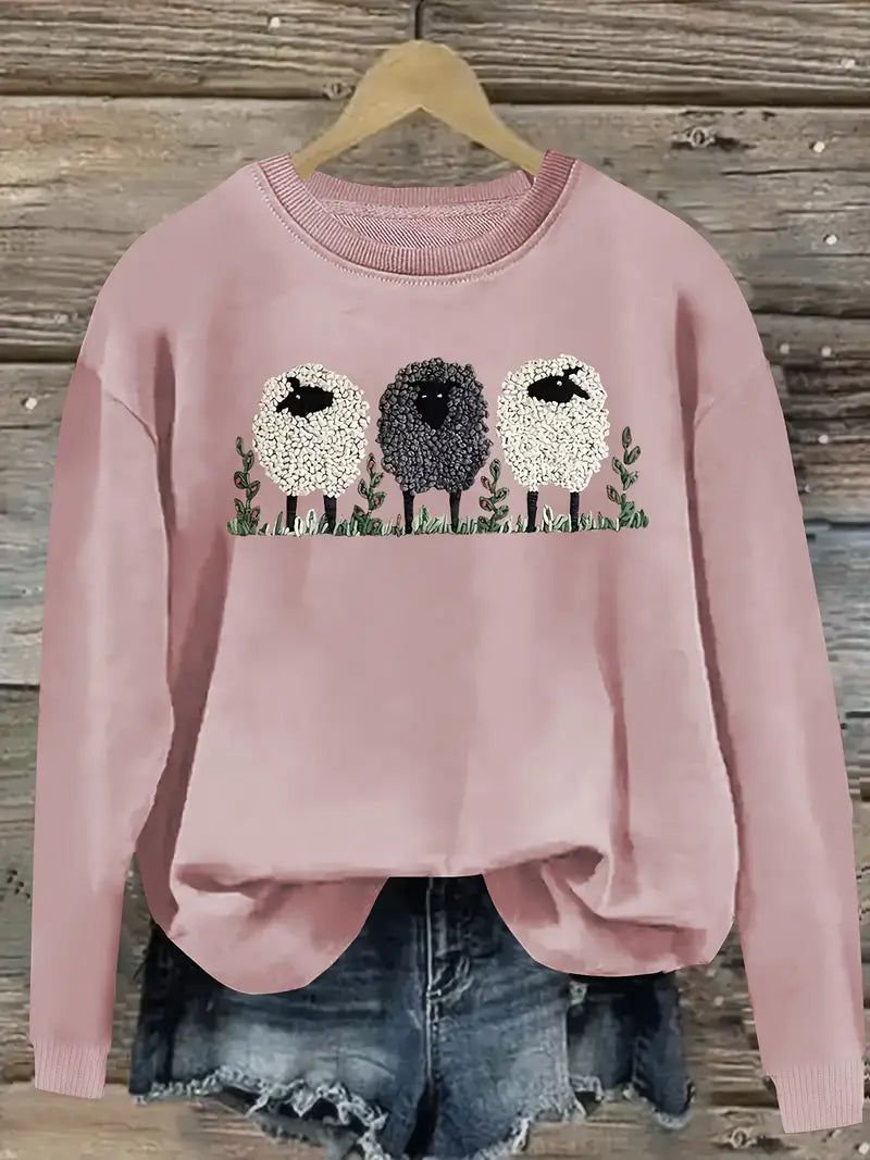 Cozy Women's Cable Knit Sweater with Sheep Design
