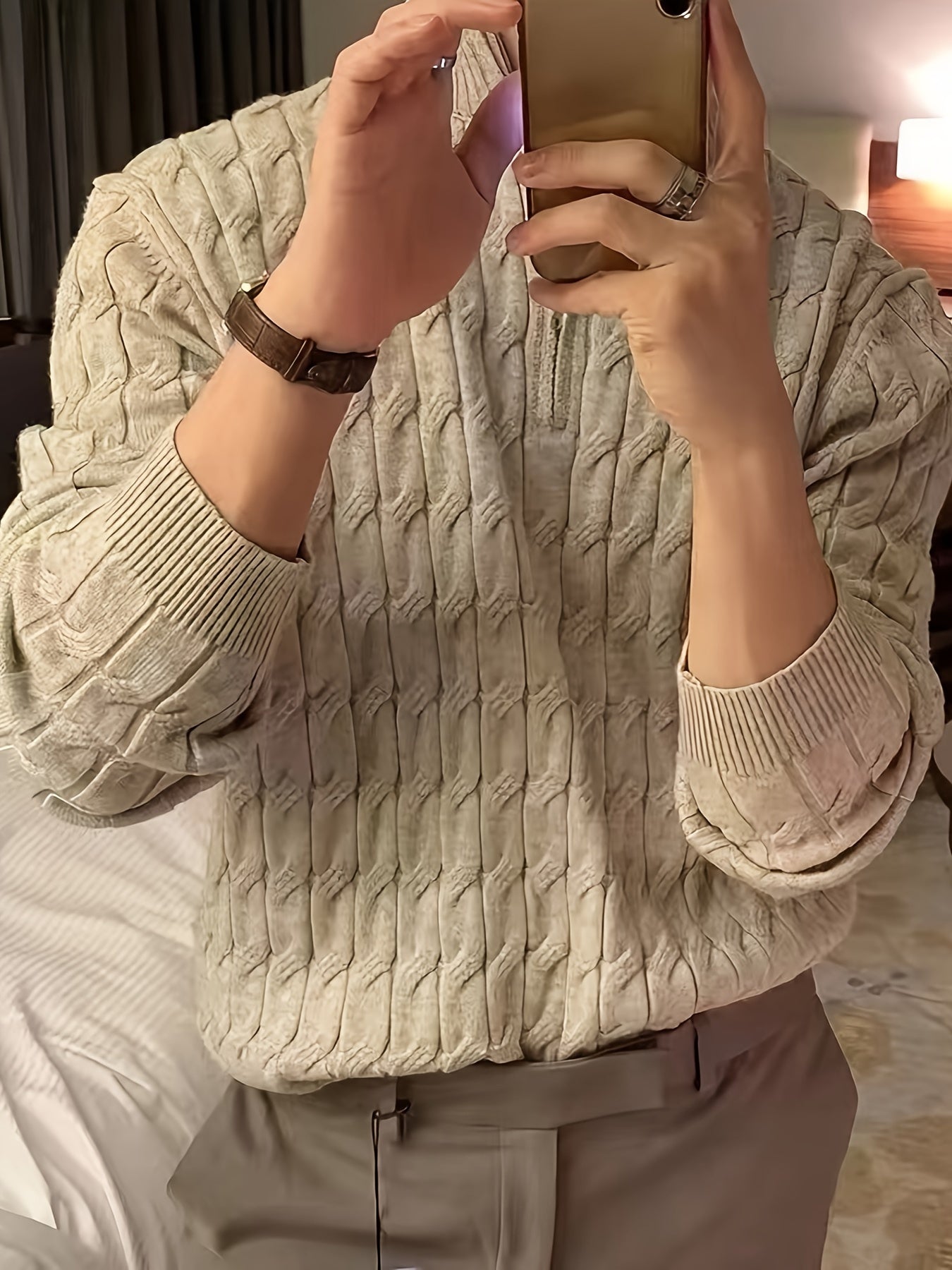 Warm Men's Cable Knit Sweater with Zip Neck