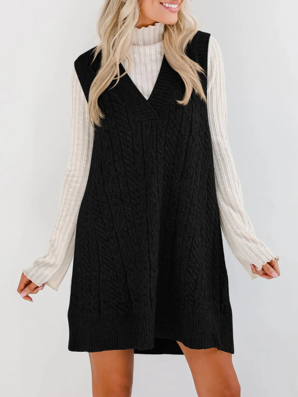 Cozy V-Neck Cable Knit Sweater Dress