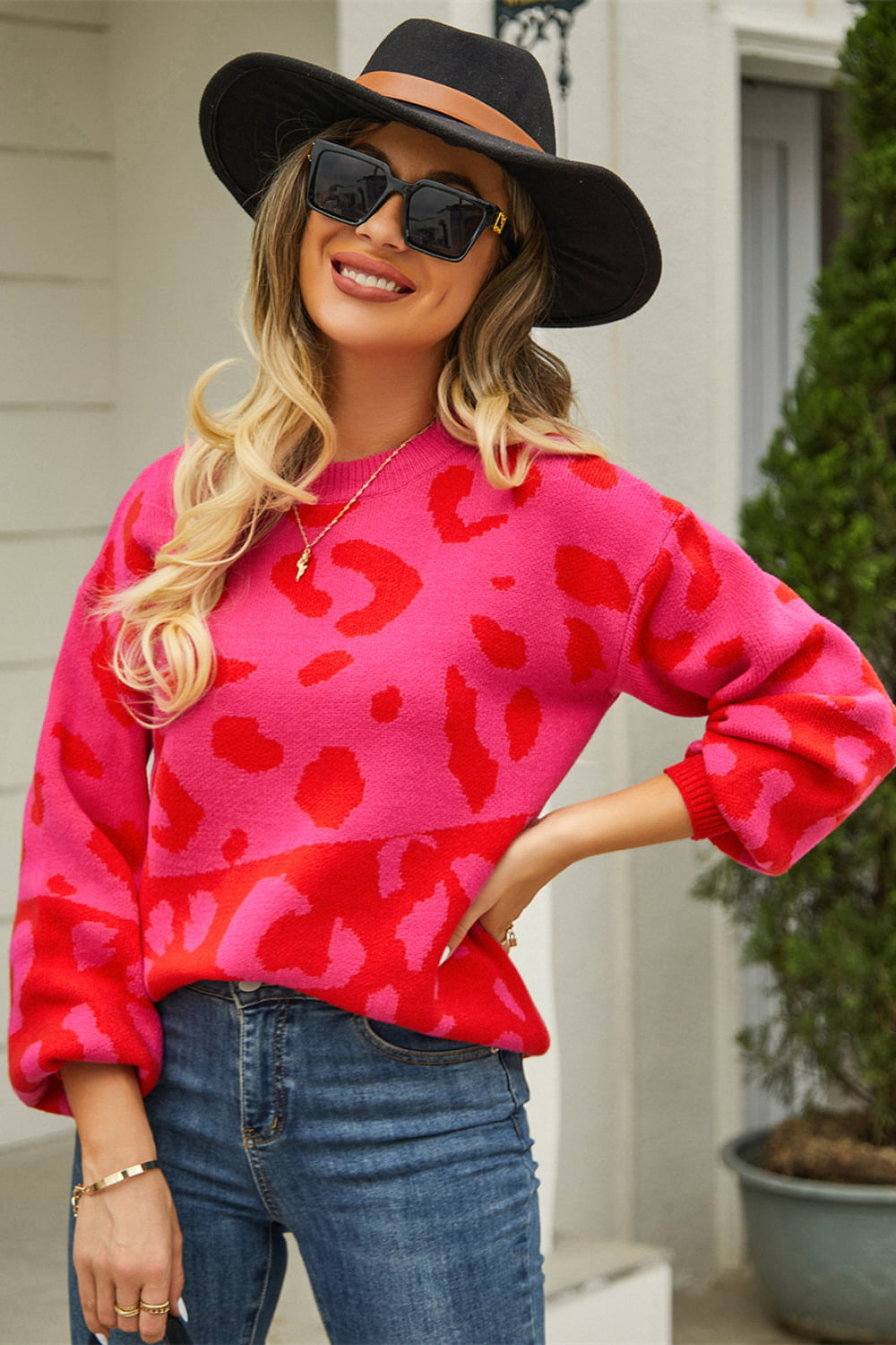 Trendy Leopard Crew Neck Knit Sweater