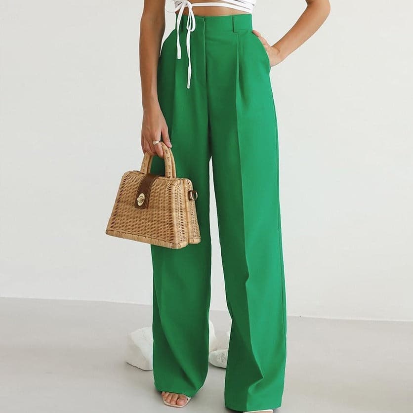 Classic High Waist Flowy Pants with Pleated Front - VogeLuxe