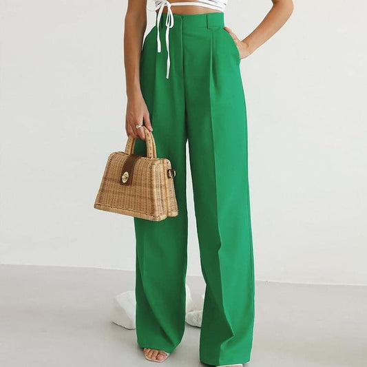Classic High Waist Flowy Pants with Pleated Front - VogeLuxe