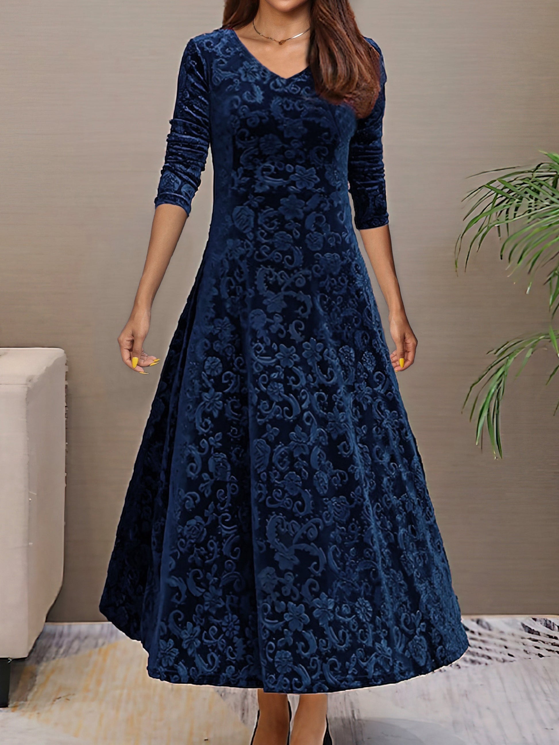 Elegant Women's Long Sleeve Velvet Formal Dress Plus Size - VogeLuxe