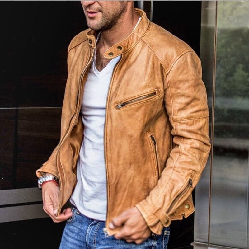Men's Fitted Synthetic Leather Coat - VogeLuxe