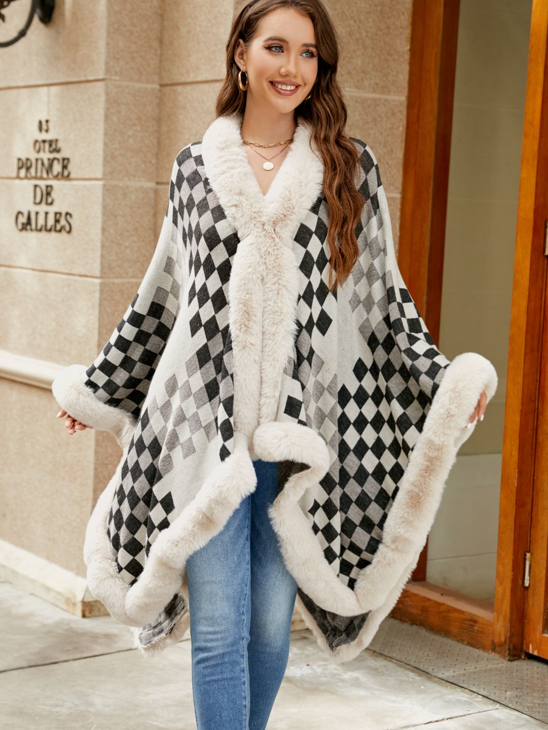 Plush Patterned Faux Fur Wrap Poncho - BritishElegance