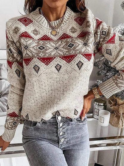 Warm Crew Neck Sweater with Orange Pattern for Ladies