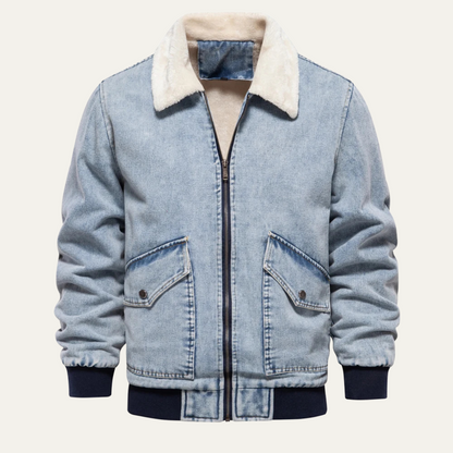 VogeLuxe | Men’s Washed Denim Bomber Jacket with Faux Fur Collar