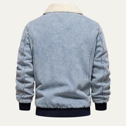 VogeLuxe | Men’s Washed Denim Bomber Jacket with Faux Fur Collar