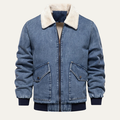 VogeLuxe | Men’s Washed Denim Bomber Jacket with Faux Fur Collar