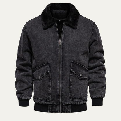 VogeLuxe | Men’s Washed Denim Bomber Jacket with Faux Fur Collar