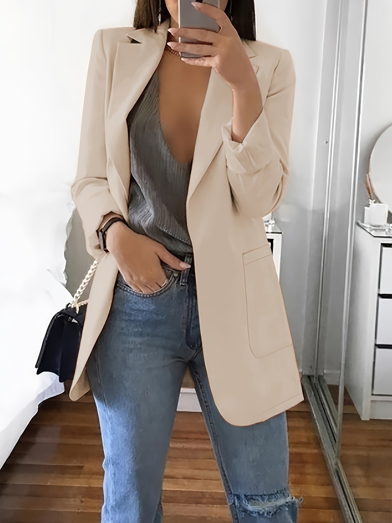 Classic Women's Formal Solid Blazer with Notched Lapel