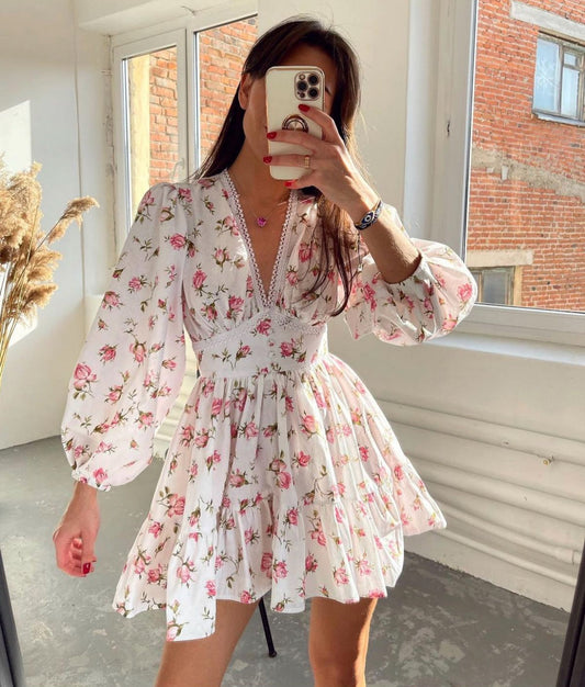 Chic Summer Dress with Frills and V Neckline - VogeLuxe