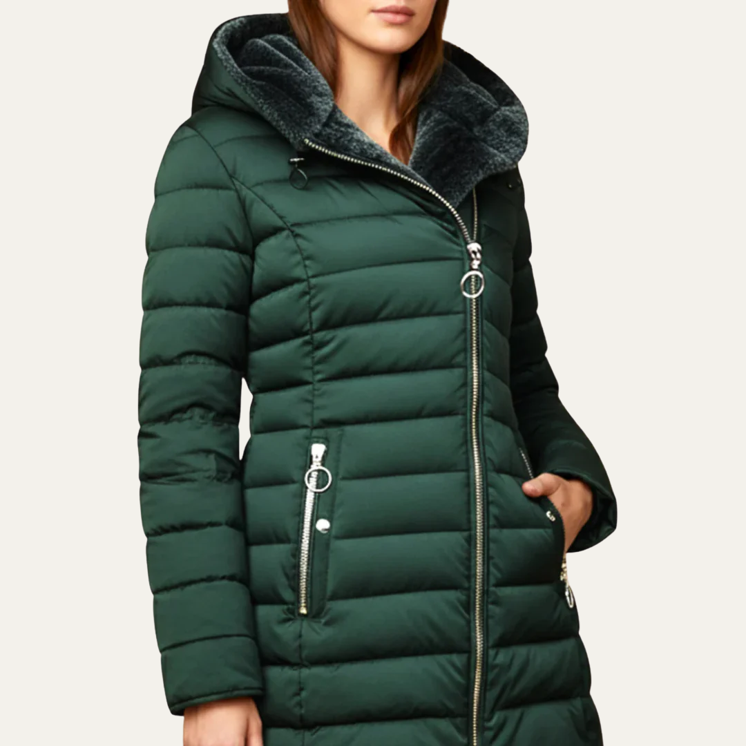 VogeLuxe | Women’s Mid Length Quilted Puffer Coat with Faux Fur Hood