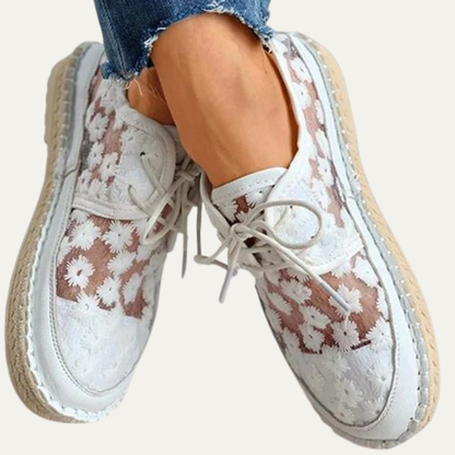 VogeLuxe | Women’s Lace Up Mesh Platform Shoes with Floral Embroidery