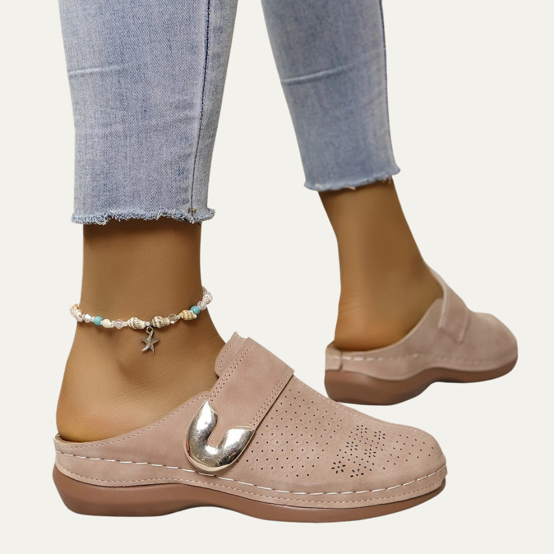 VogeLuxe | Women’s Perforated Floral Buckle Slip On Mules