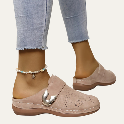 VogeLuxe | Women’s Perforated Floral Buckle Slip On Mules