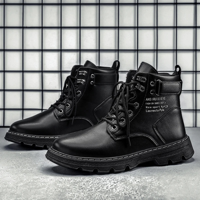 Comfortable Waterproof Men's Ankle Boots Black Leather Style