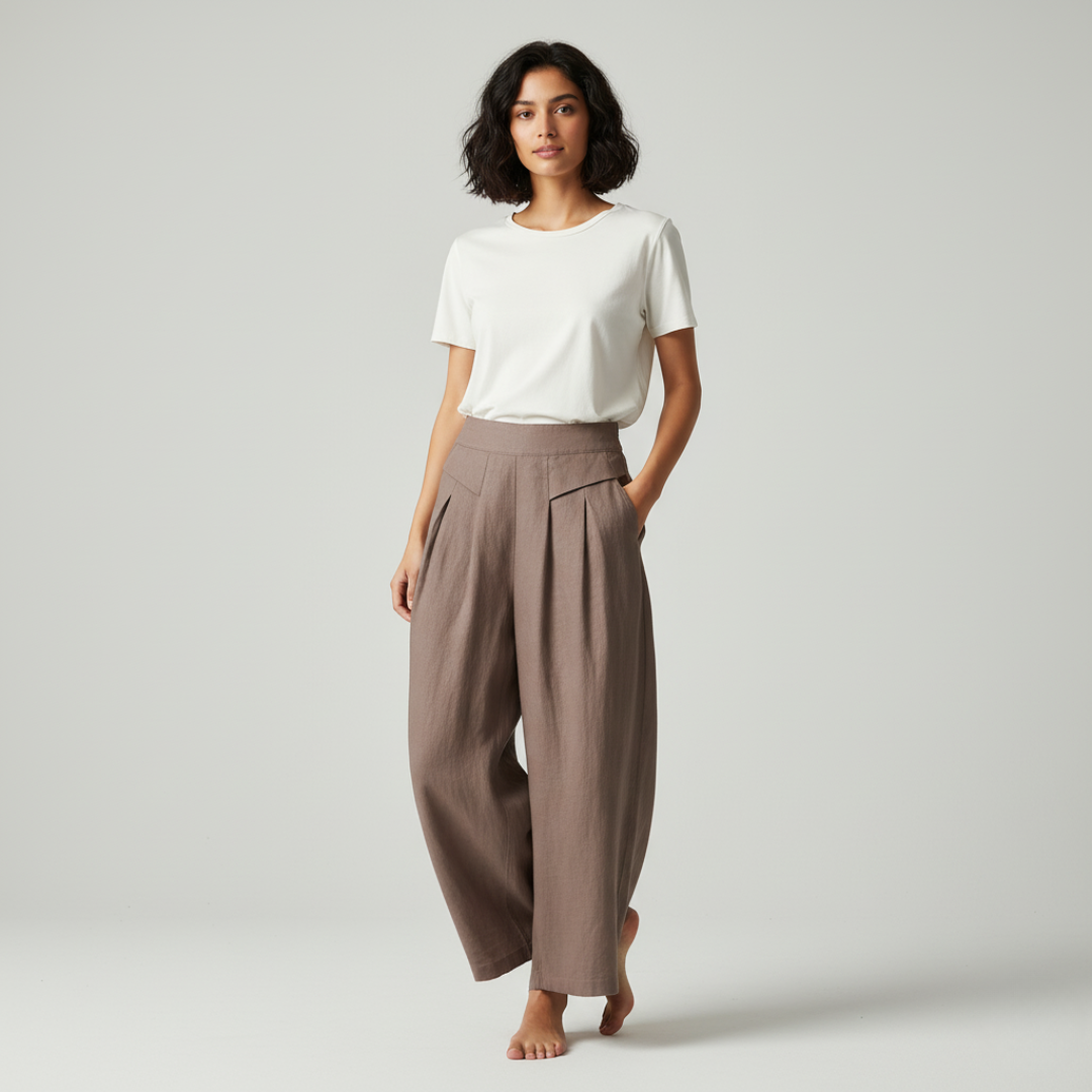 Classic Beige Cotton Linen Wide Leg Pants With Pockets
