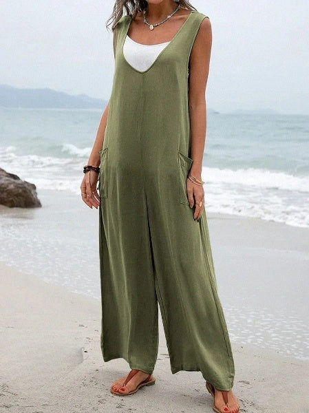 Summer Women's Loose Fit Sleeveless Romper with Pockets