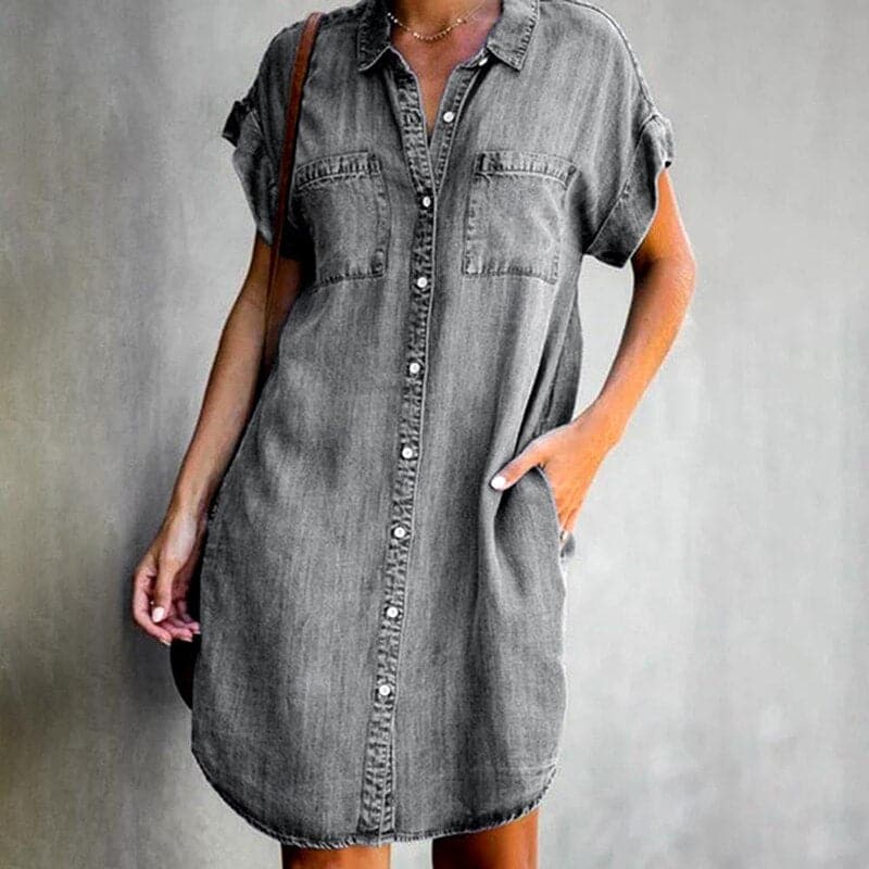 Relaxed Fit Blue Jeans Dress with Buttons