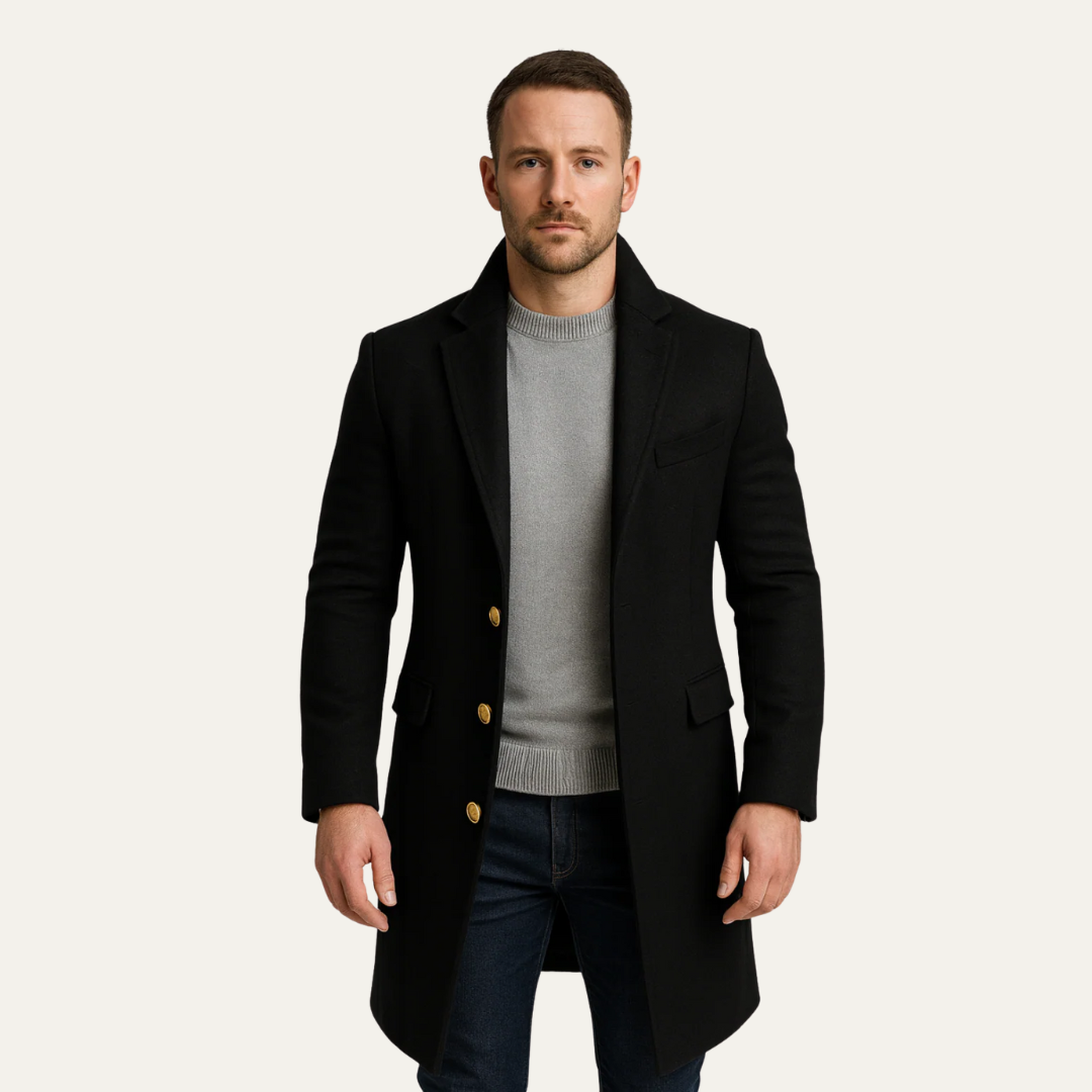 VogeLuxe | Men’s Gold-Button Mid-Length Trench Coat