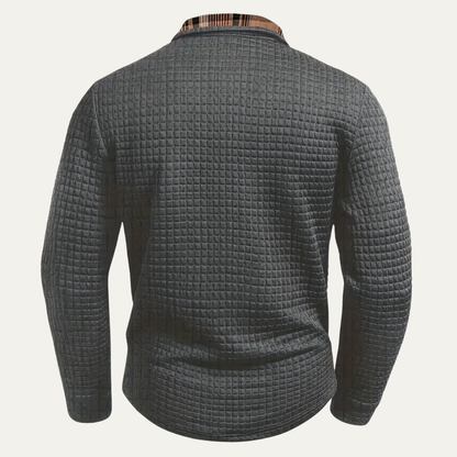 VogeLuxe | Men’s Textured Long Sleeve Polo with Plaid Collar
