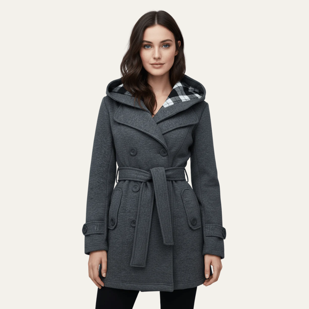 VogeLuxe | Women’s Belted Double-Breasted Wool Coat with Hood