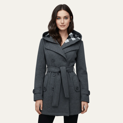 VogeLuxe | Women’s Belted Double-Breasted Wool Coat with Hood