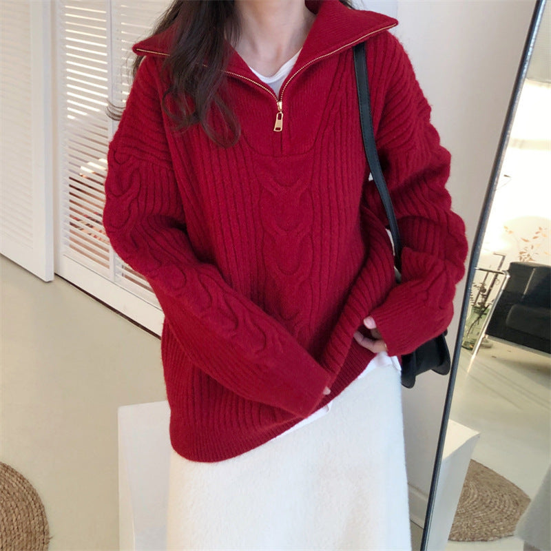 Classic Women's Cream Knit Zip Sweater