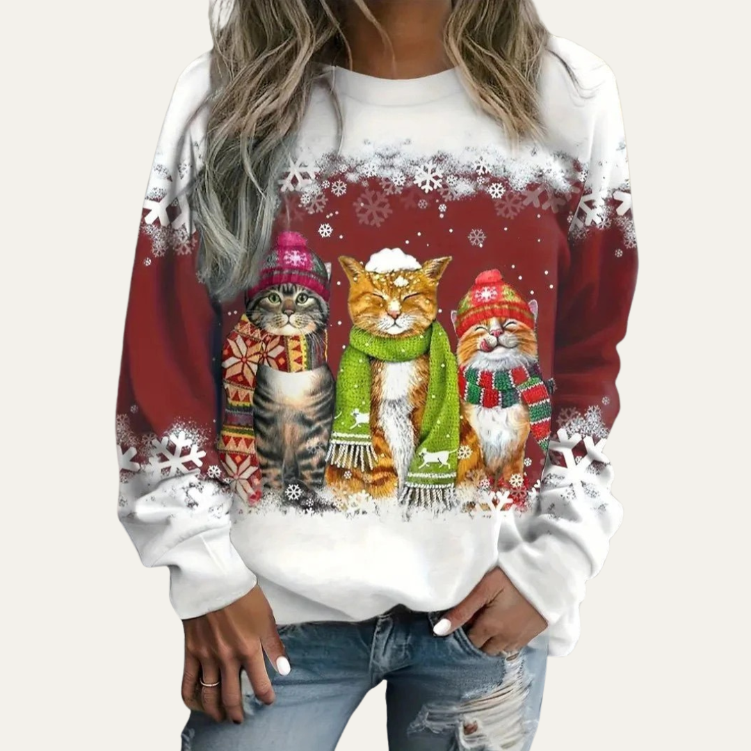 VogeLuxe | Women’s Winter Cats Printed Crewneck Sweater