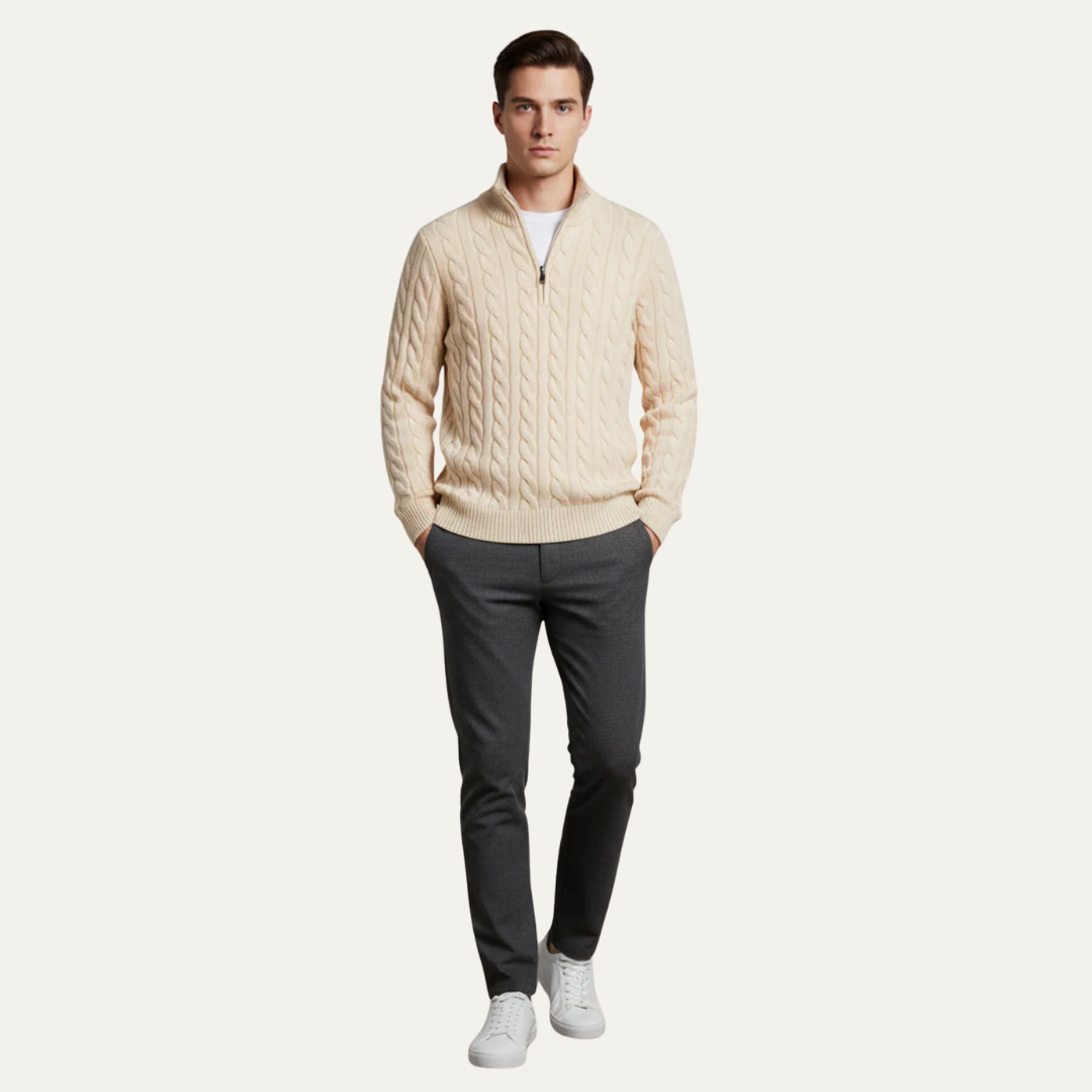 VogeLuxe | Men’s Cable Knit Fit Quarter Zip Sweater