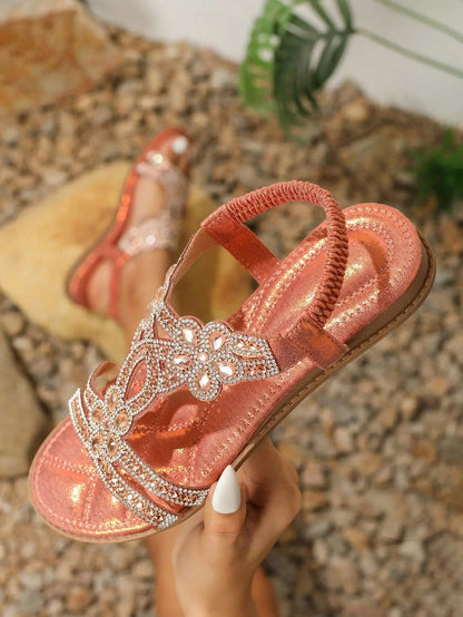Sparkly Gems Flat Sandals – Chic Summer Toe Strap for Women