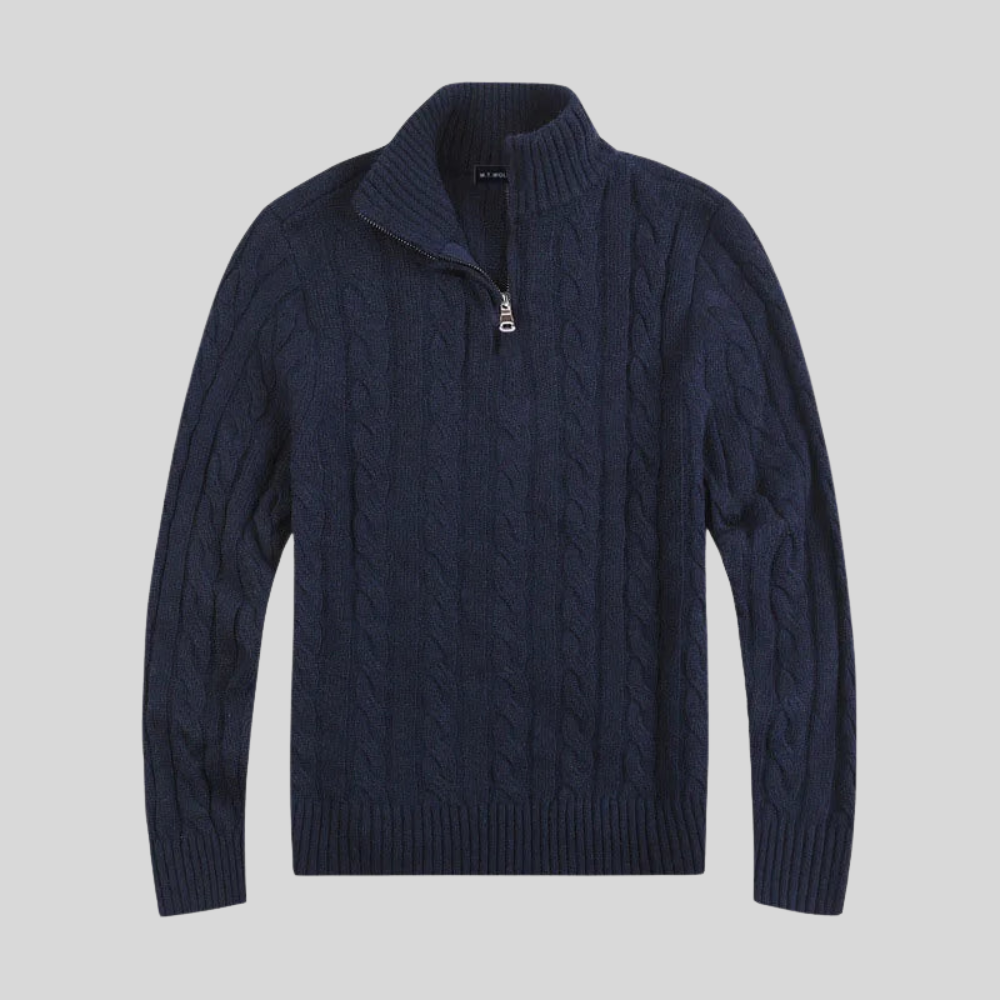 VogeLuxe | Men’s Cable Knit Mock Neck Quarter Zip Sweater