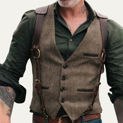 VogeLuxe | Men’s Tweed Button Down Waistcoat with Leather Harness Detail