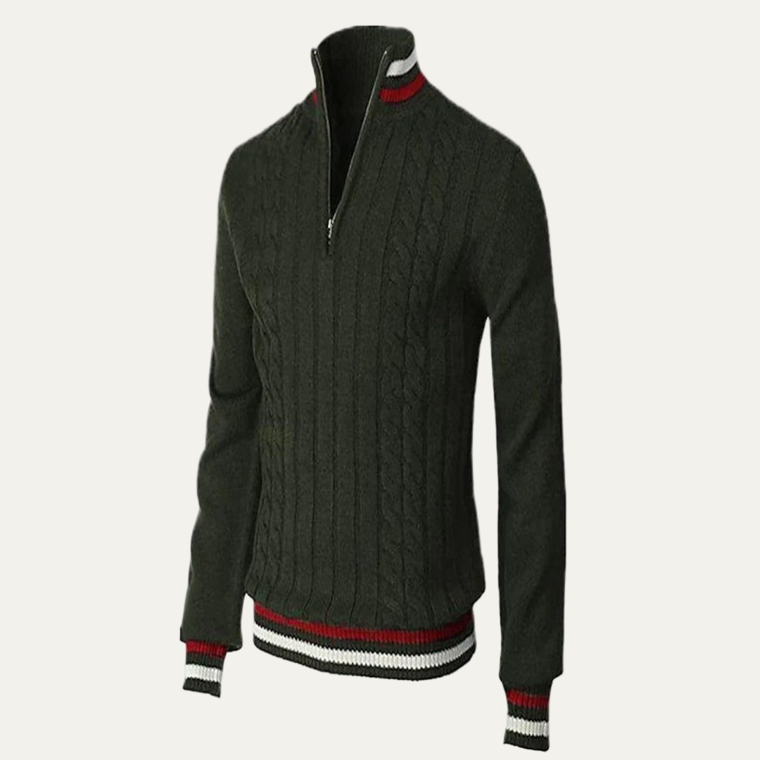 VogeLuxe | Men’s Striped Mock Neck Cable Zip Sweater