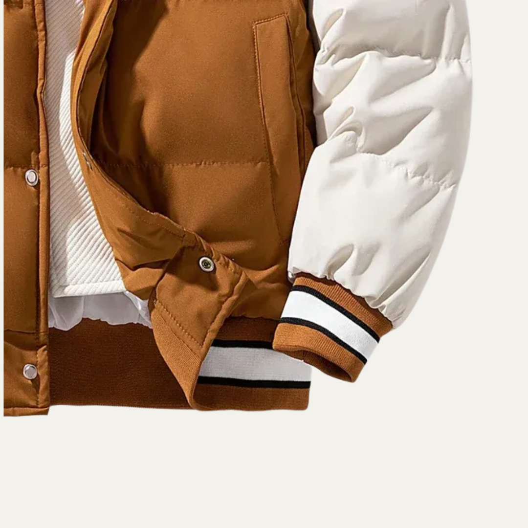 VogeLuxe | Men’s Varsity Style Puffer Jacket with Embroidered Graphics