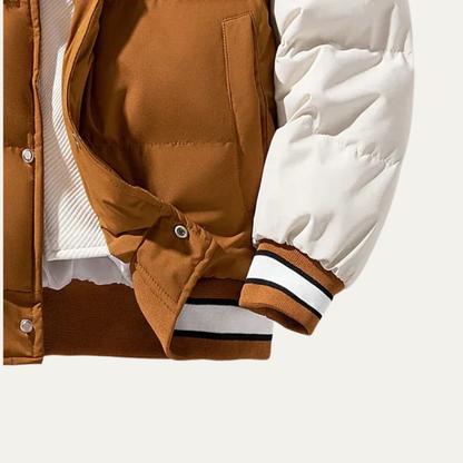 VogeLuxe | Men’s Varsity Style Puffer Jacket with Embroidered Graphics