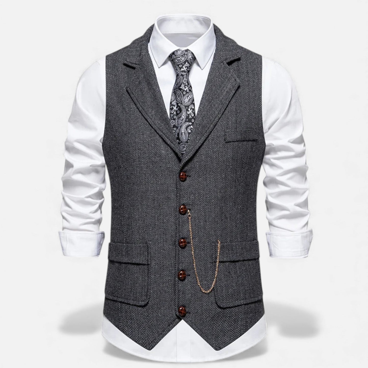 Classic Tweed Waistcoat with Lapel Chain for Men