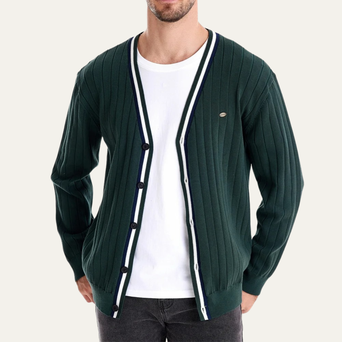 VogeLuxe | Men’s V Neck Rib Knit Cardigan with Striped Trim