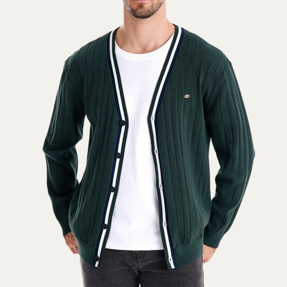 VogeLuxe | Men’s V Neck Rib Knit Cardigan with Striped Trim