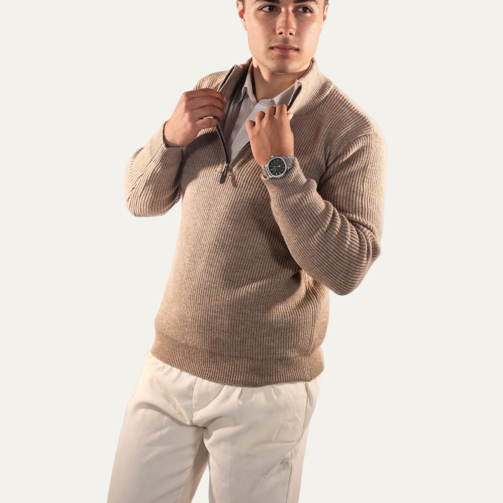 VogeLuxe | Men’s Stand Collar Quarter Zip Rib Knit Sweater