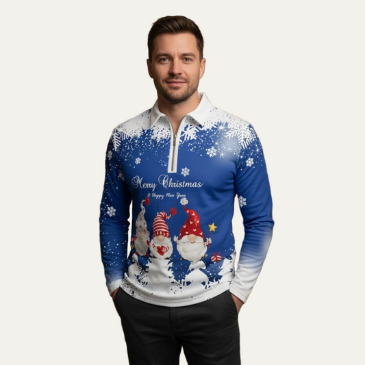 VogeLuxe | Men’s Festive Gnome Quarter-Zip Christmas Polo