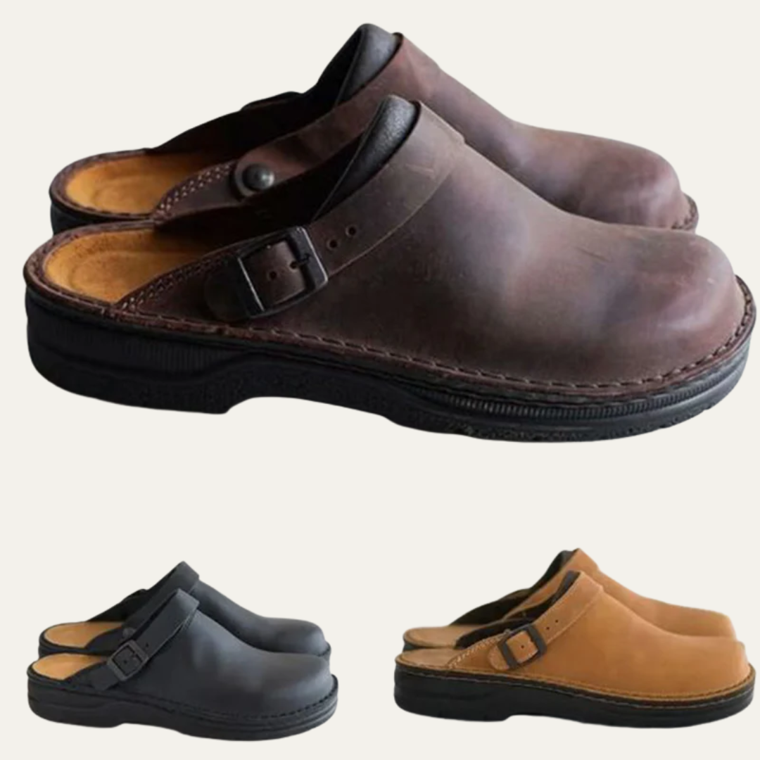VogeLuxe | Men’s Leather Mule Style Clog with Adjustable Buckle