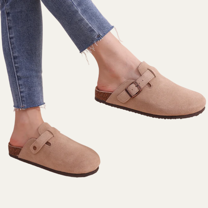 VogeLuxe | Women’s Suede Look Closed Toe Mule with Cork Style Footbed
