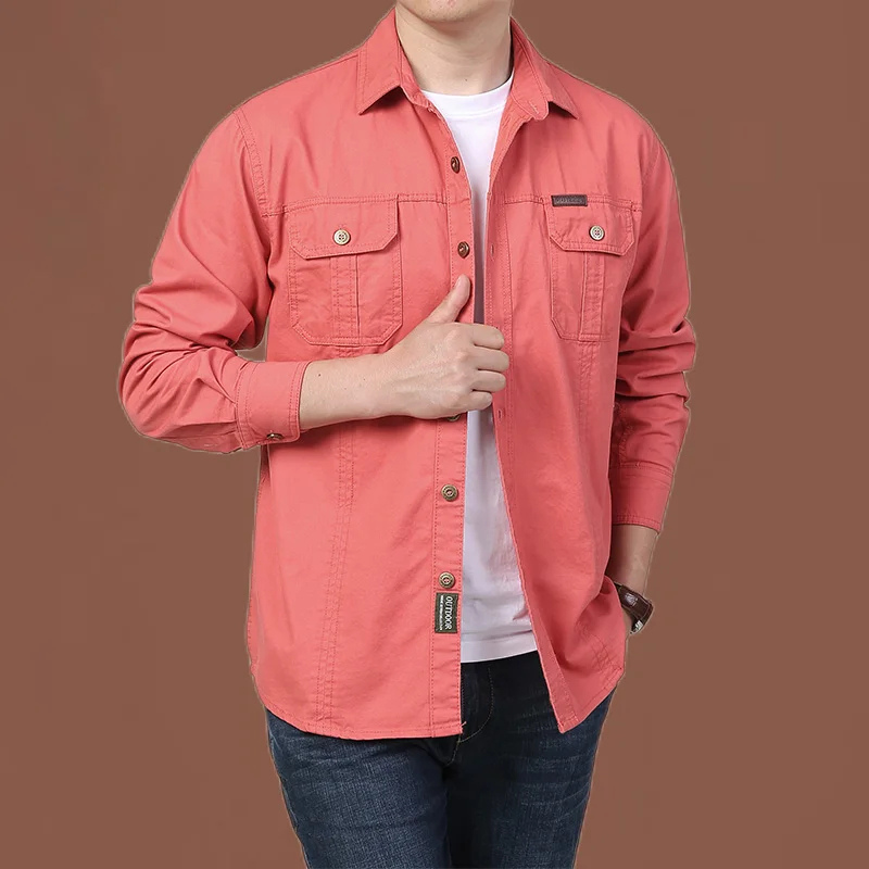 Relaxed Fit Work Shirt with Pockets Long Sleeve Button Front