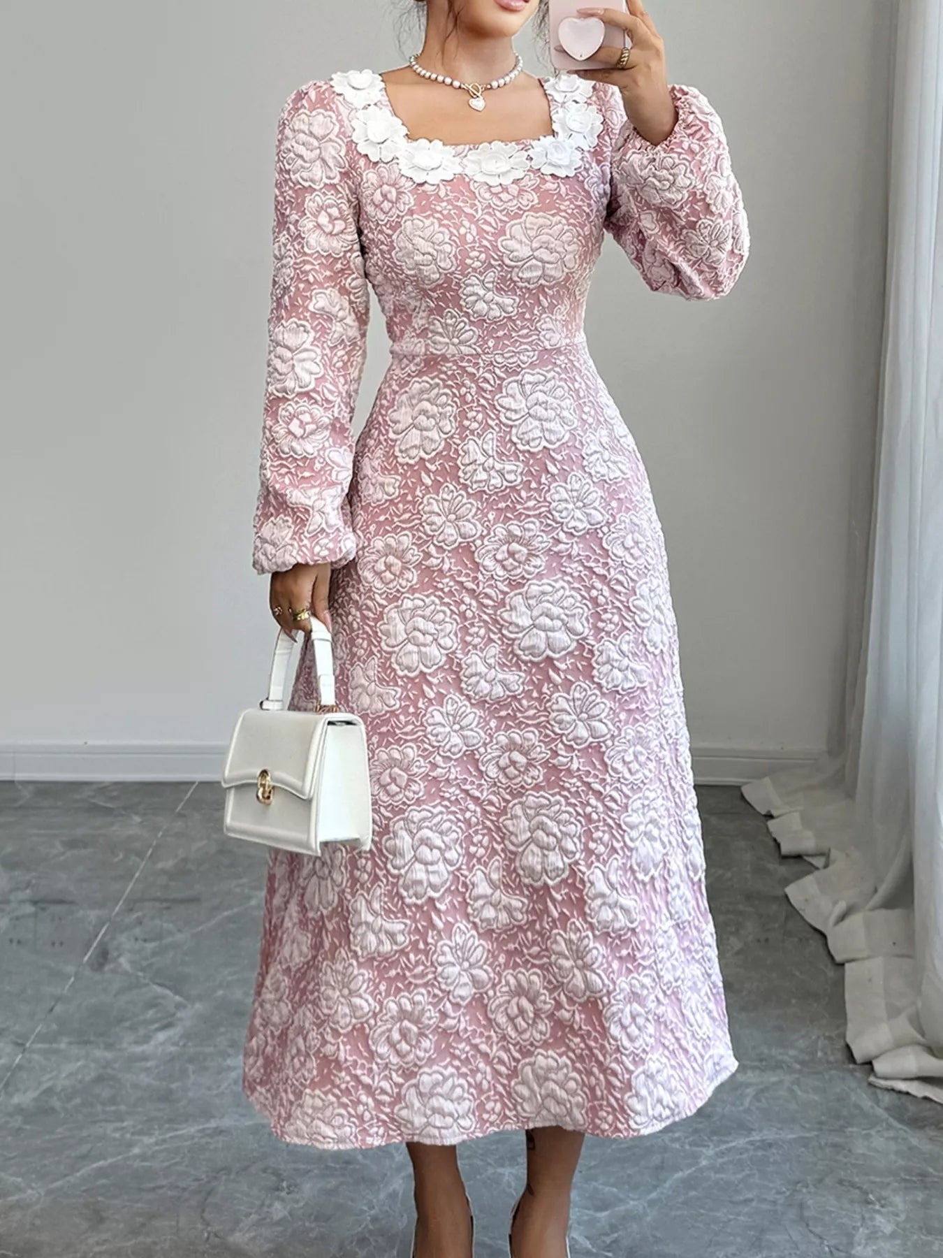 Pretty Embroidered Crew Neck Midi Dress - VogeLuxe