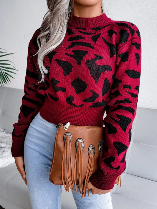 Animal Print Relaxed Fit Crew Neck Sweater - VogeLuxe