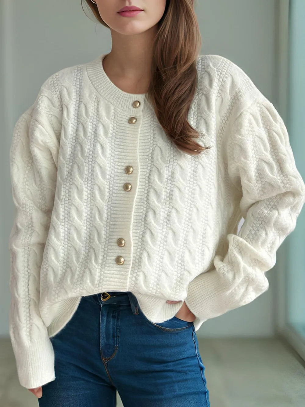 Cozy Crew Neck Button Front Sweater - VogeLuxe